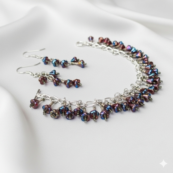 Bracelet 6.75" Beaded Charm Earrings Set Handmade Red Czech Glass Flower Dangle - Picture 3 of 11